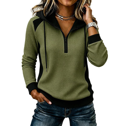 Women's waffle-knit half-zip hooded sweatshirt in textured fabric with drawstring hood and long sleeves