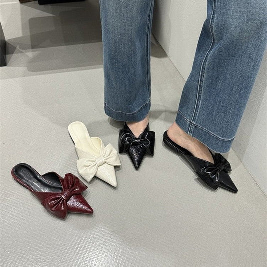 Women's pointed toe bow V-cut flat mules, closed toe slide sandals for spring and summer outdoor wear