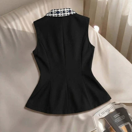 Black-and-white houndstooth contrast-color lapel blazer vest with tailored sleeveless design