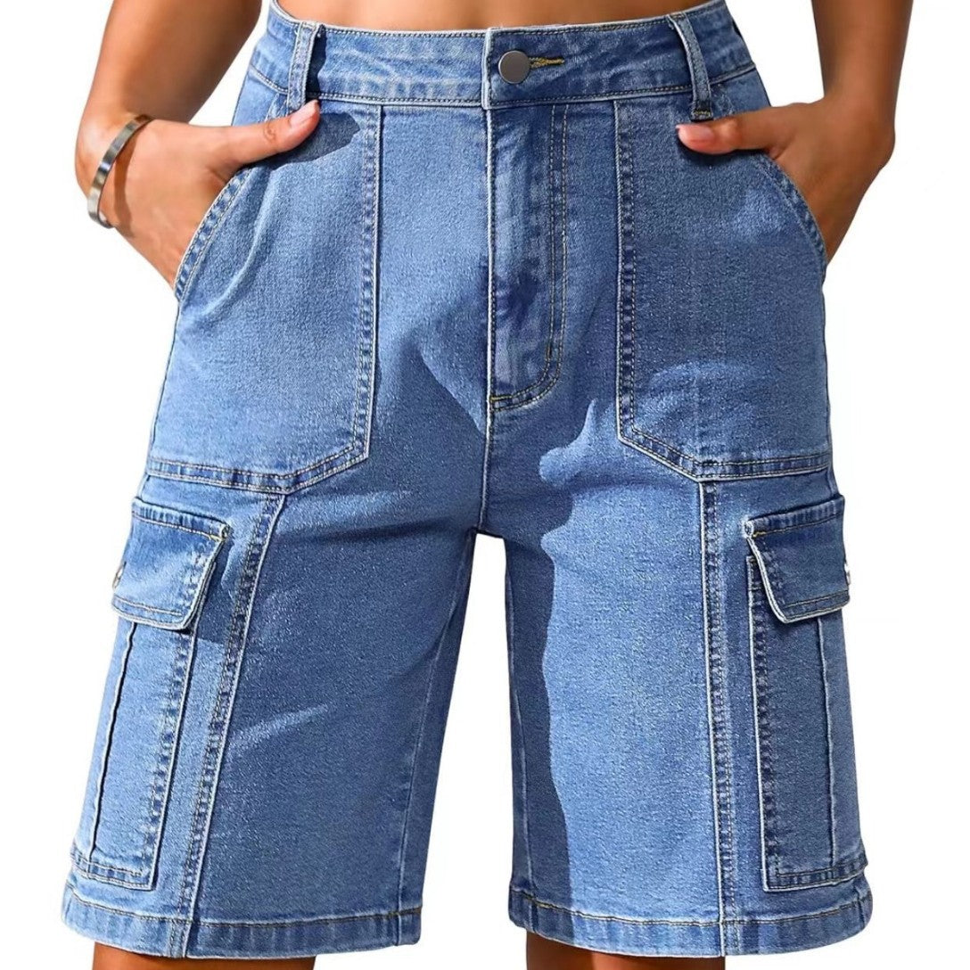 Women's high-waisted denim capri shorts in blue with a cropped leg design