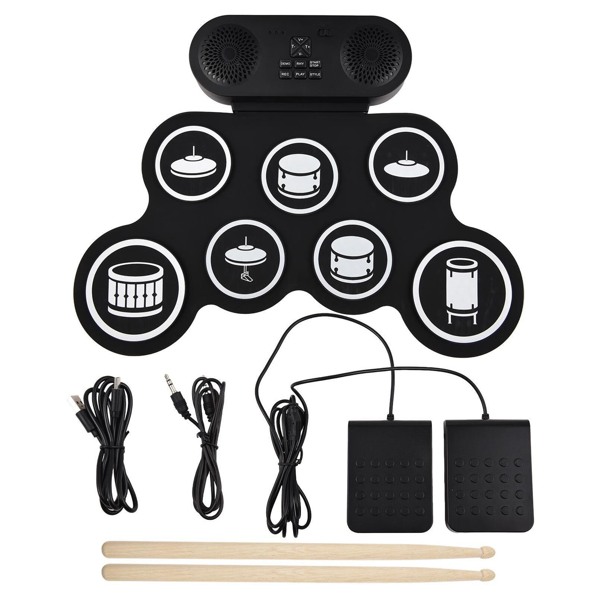 Portable silicone jazz drum set percussion instrument with compact drum pads and drumsticks