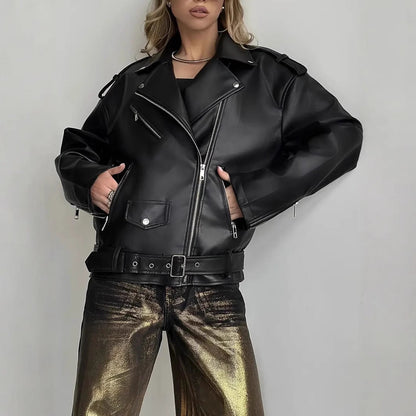 Women's boyfriend-style leather biker jacket in black
