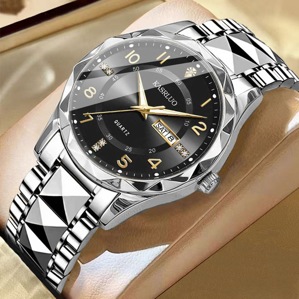 Men's dual calendar fashion waterproof luminous quartz watch with dark dial and adjustable metal band