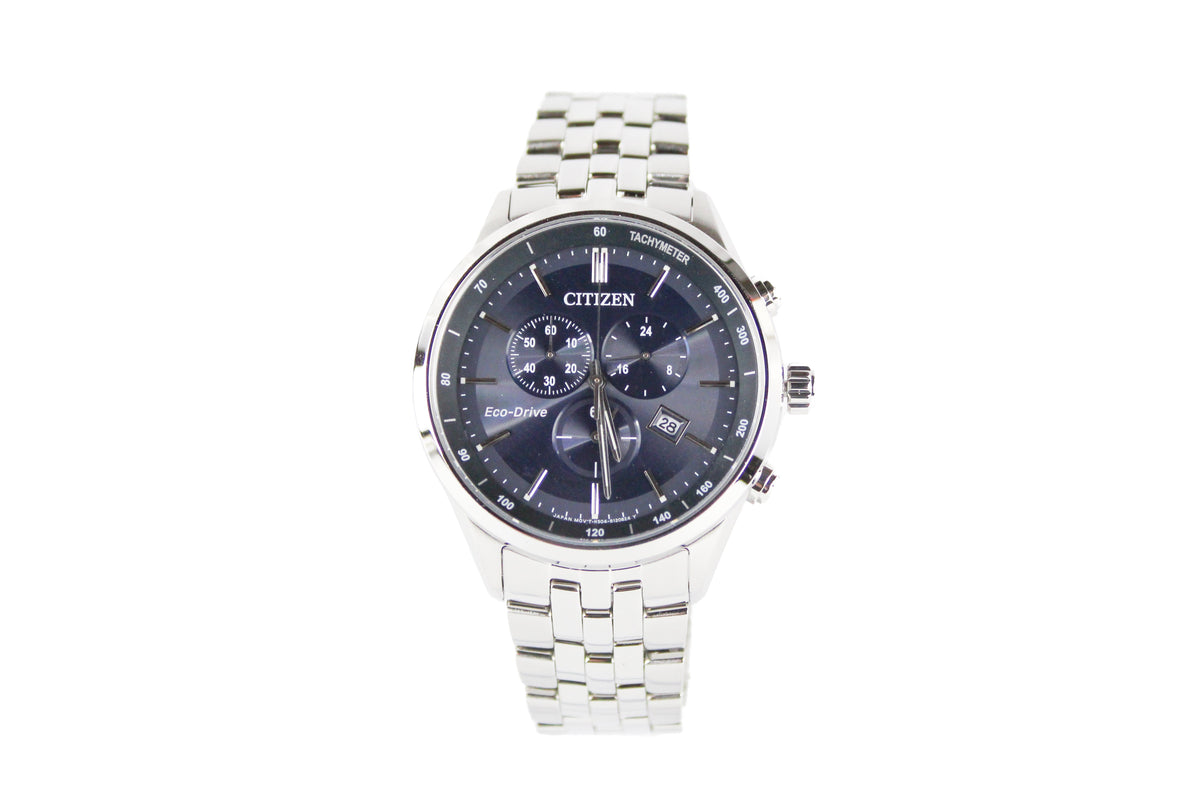 Citizen Sapphire Collection Eco-Drive chronograph watch with blue dial and stainless steel band, stylish and eco-friendly timepiece.