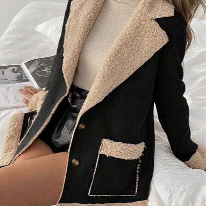 Women's suede and corduroy-blend lambswool coat in a textured neutral finish