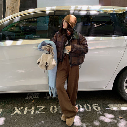 Loose-fit Stand-collar Plaid Padded Coat For Women