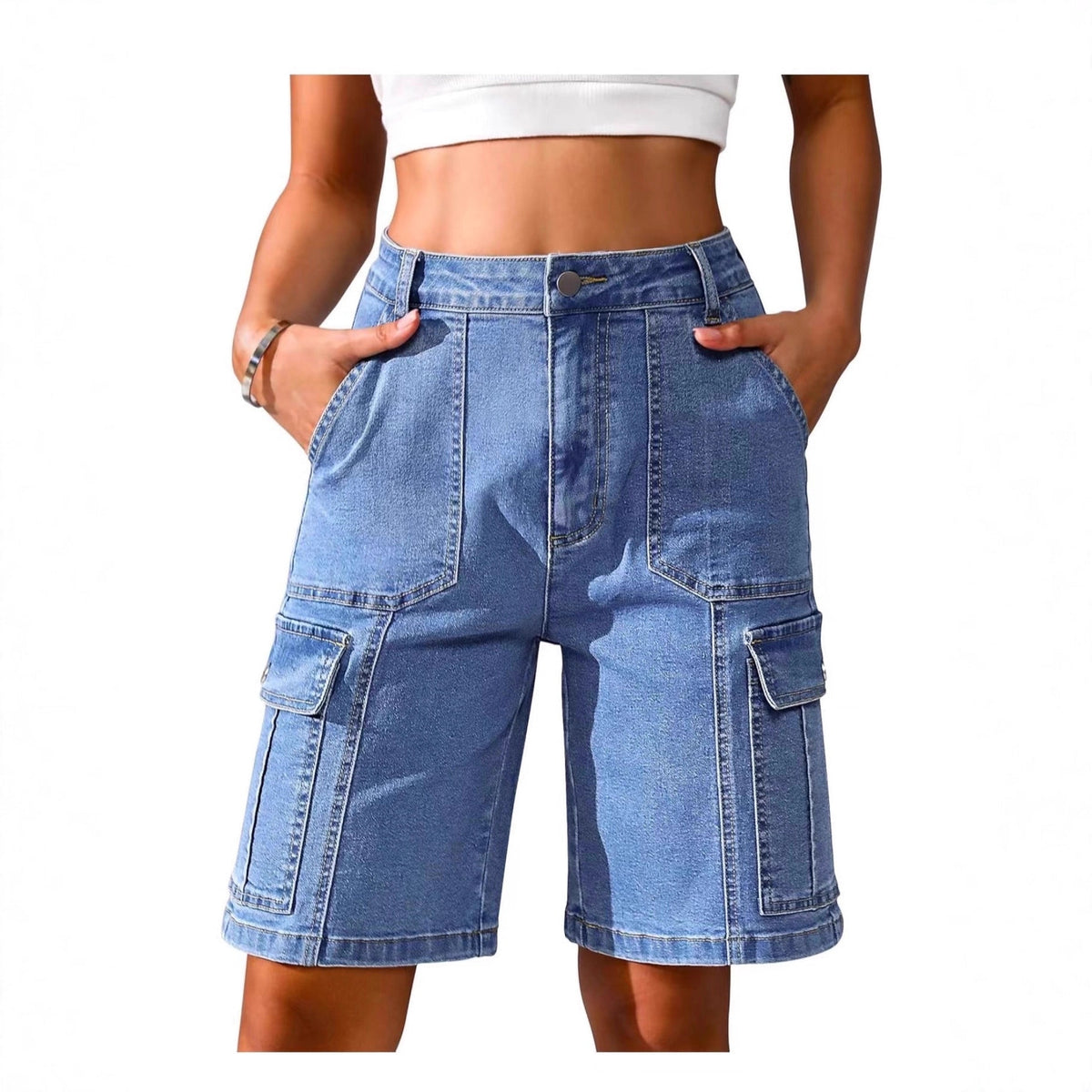 High-waisted denim capri shorts for women by My Store, featuring a cropped leg and classic blue denim wash