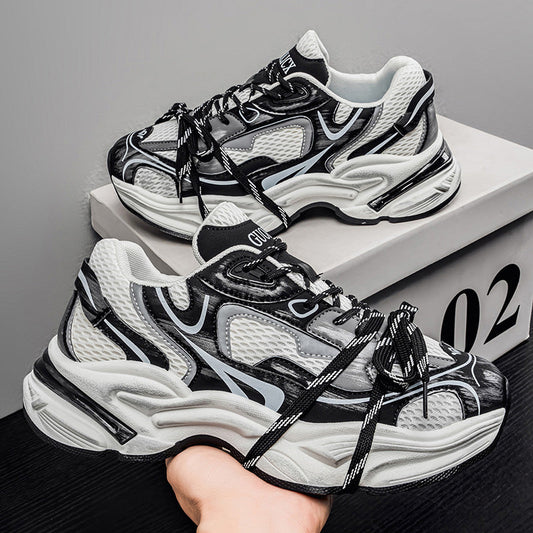 European-style men's mesh casual athletic sneakers with thick sole, height-boost design, and trendy dad shoe styling