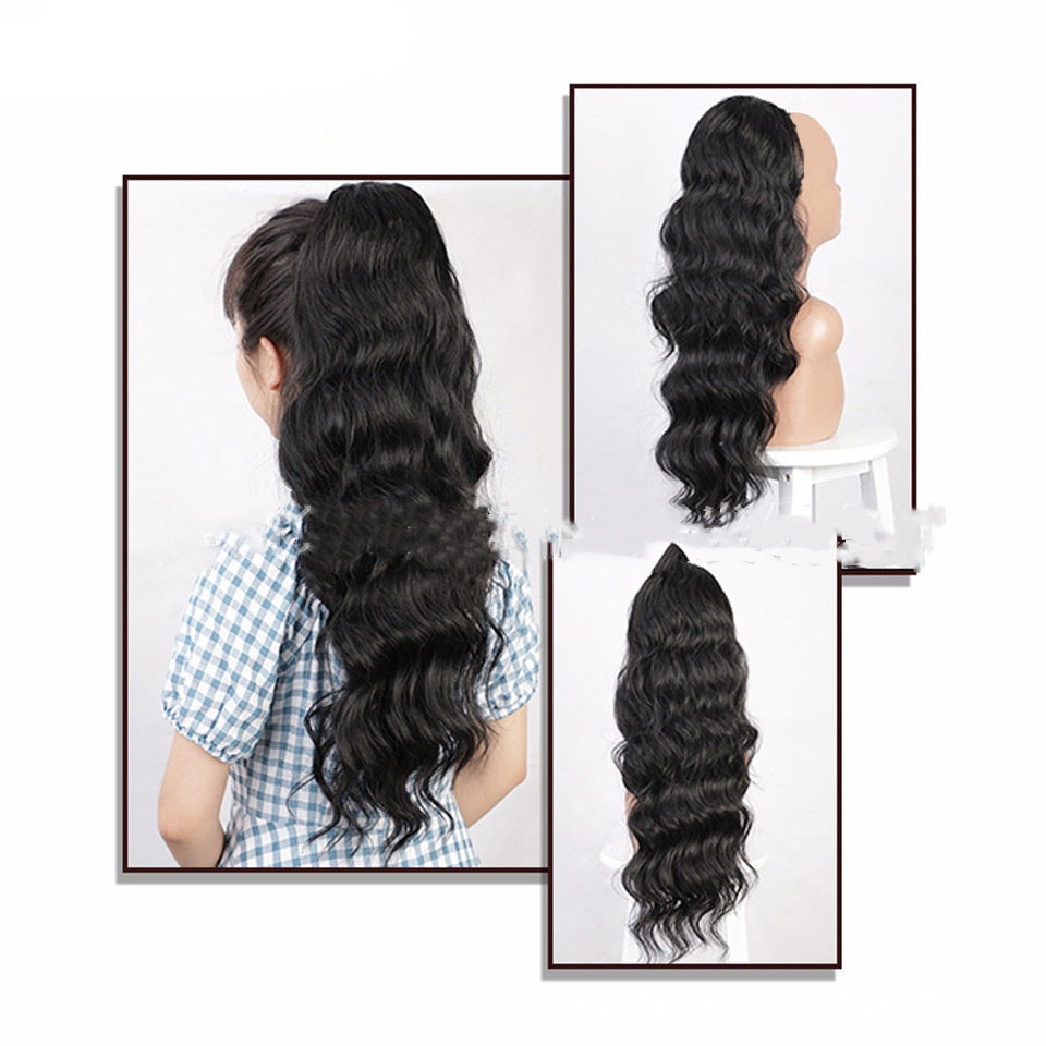 Natural black drawstring ponytail human hair wig displayed on a plain background