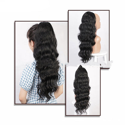 Natural black drawstring ponytail human hair wig displayed on a plain background