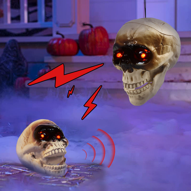 Animated floating skeleton decorations with realistic Halloween skull heads and spooky sound design