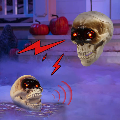 Animated floating skeleton decorations with realistic Halloween skull heads and spooky sound design