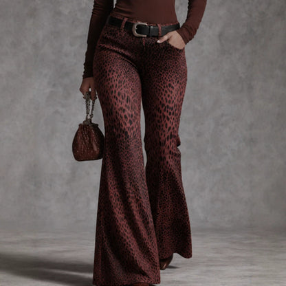 Women's retro leopard-print high-waisted flare pants with wide legs and bold animal pattern