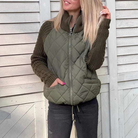 Women's winter stand-collar cotton jacket with pockets, knitted stitching, and front zipper coat