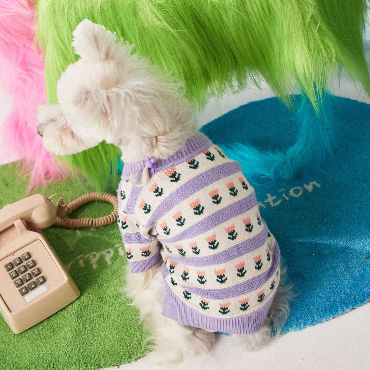 Purple flower pet dog sweater cardigan with button front and warm knit fabric