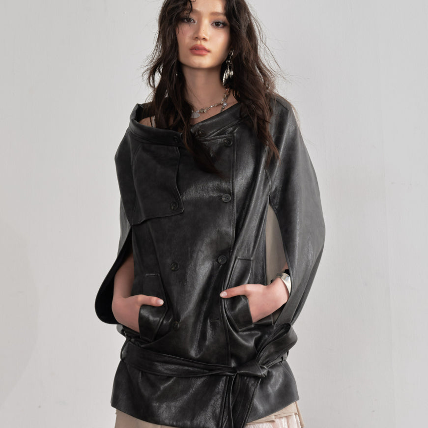 Ebony brown PU leather cloak-style cape jacket with draped front and flowing silhouette