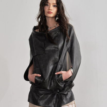 Ebony brown PU leather cloak-style cape jacket with draped front and flowing silhouette
