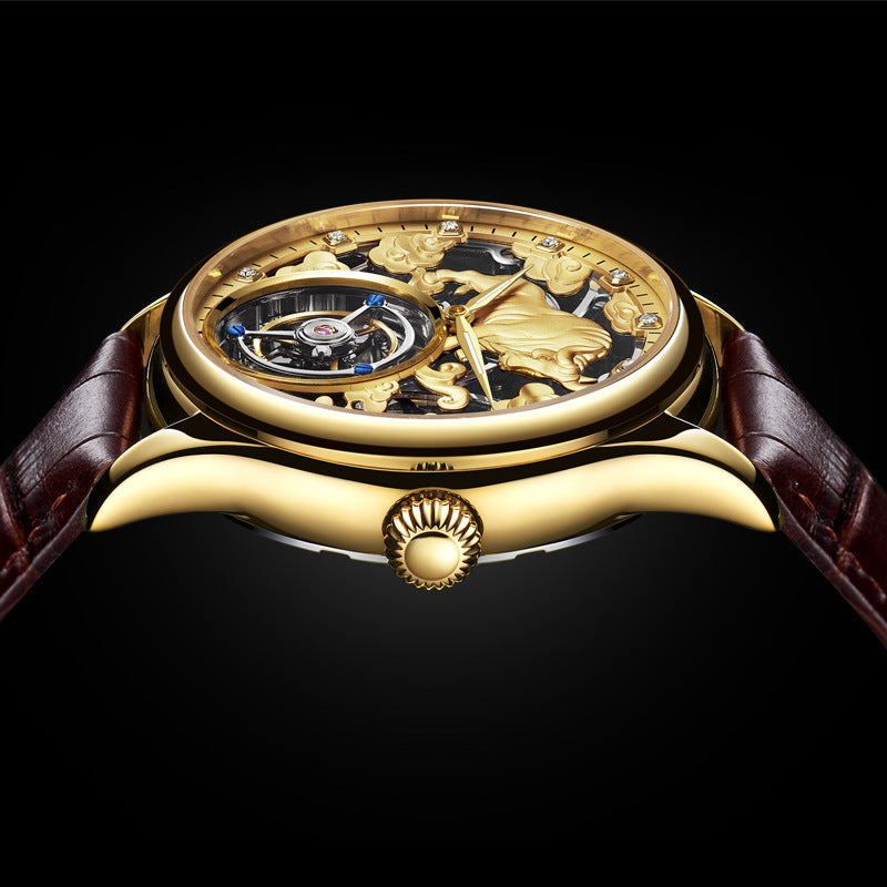Double-sided gemstone glass mechanical watch with visible intricate movement and elegant reflective case