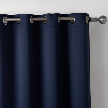 Dark blue bedroom blackout fabric printed curtains on a window