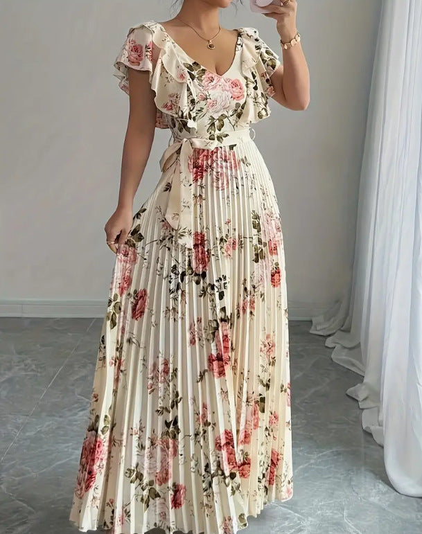 Women's V-neck printed ruffle A-line dress by My Store, front view