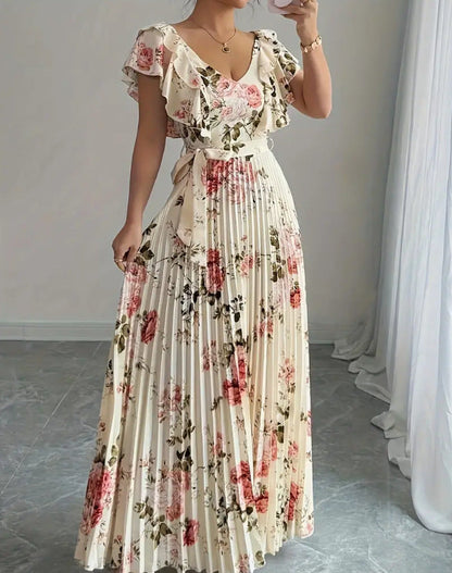 Women's V-neck printed ruffle A-line dress by My Store, front view