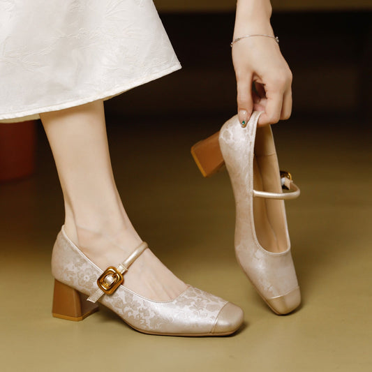Chanel-inspired vintage women's shoes with chunky heel and square toe
