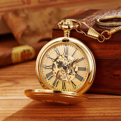 Fully automatic flip-open engraved pocket watch with visible mechanical movement and classic metal case
