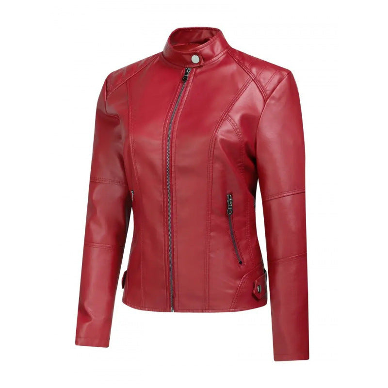 Women's fashionable short washed-leather zip-up jacket by My Store