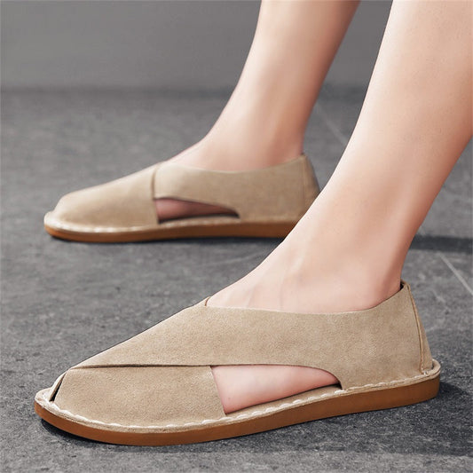 Plus-size leather slip-on outdoor casual hollow-out sandals in a comfortable openwork design