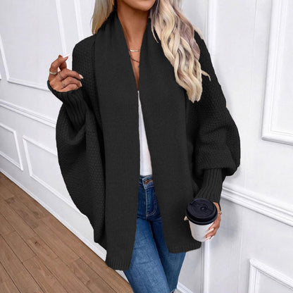 Solid-color women's loose-fit knitted cardigan with large lapels