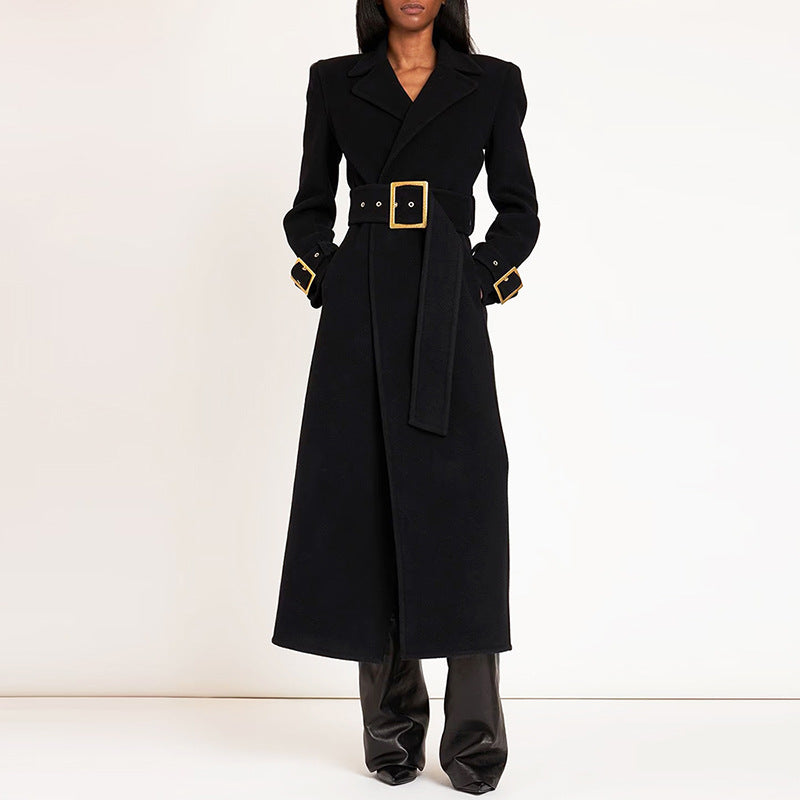 Long casual fall/winter wool coat in a neutral color, front view with button closure and lapel collar