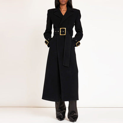 Long casual fall/winter wool coat in a neutral color, front view with button closure and lapel collar