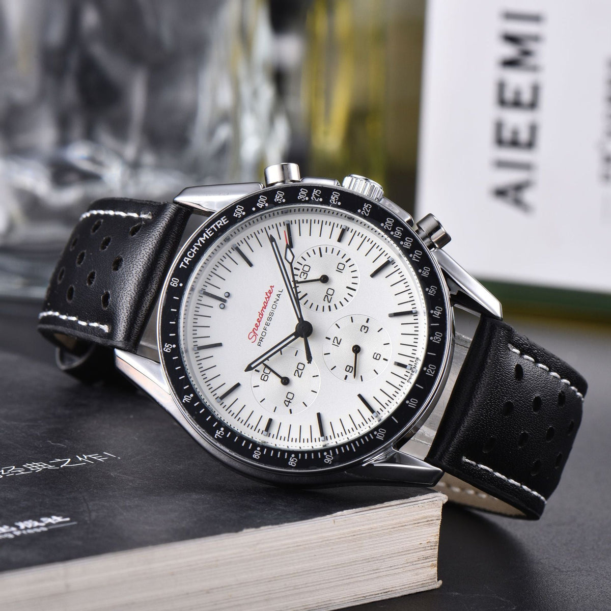 Business men's 6-hand multi-function quartz watch with brown leather band and classic round dial