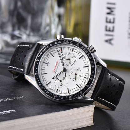 Business men's 6-hand multi-function quartz watch with brown leather band and classic round dial