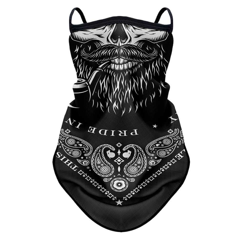 Motorcycle riding sun-protection face mask headscarf with ear loops, black fabric close-up