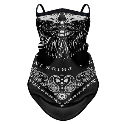 Motorcycle riding sun-protection face mask headscarf with ear loops, black fabric close-up