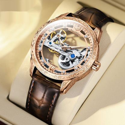 Openwork mechanical watch for men with waterproof leather strap, visible gears and black dial