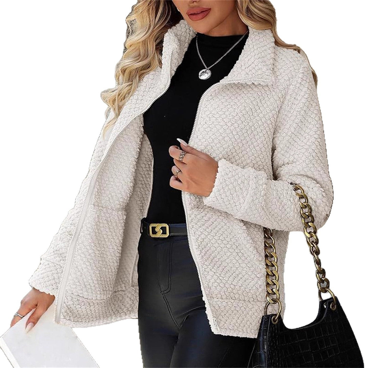 Women's padded fleece-lined zip-up jacket with lapel collar and pocket geschniegelt