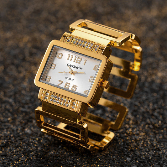 Gold and silver women's watch with a fashionable design and metallic bracelet