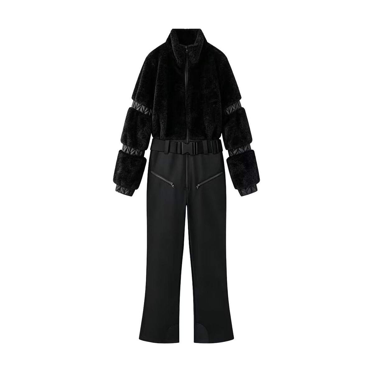 Down-filled fur patchwork zip-up thickened fluffy ski jumpsuit, front view