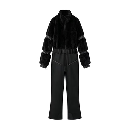 Down-filled fur patchwork zip-up thickened fluffy ski jumpsuit, front view