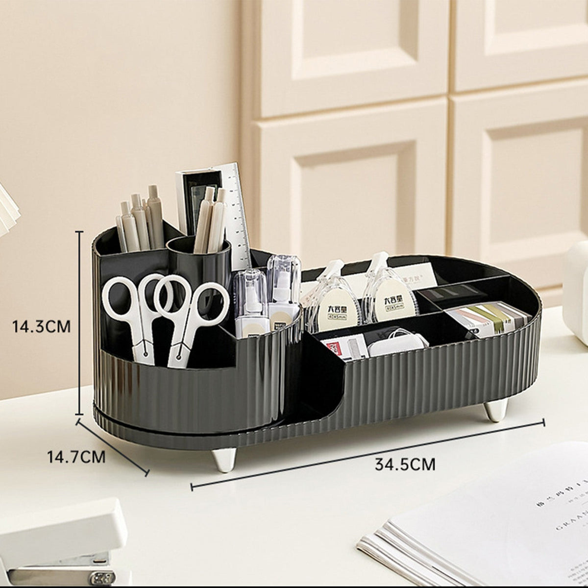 Rotating countertop makeup organizer with large-capacity cosmetic display case and makeup brush holder