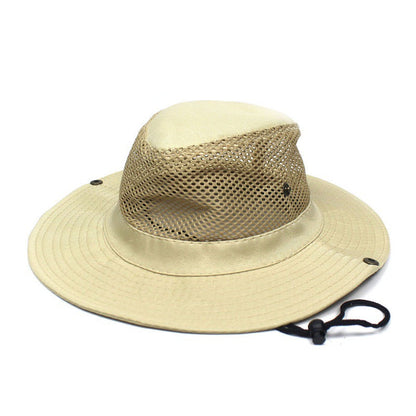 Patchwork mesh breathable bucket hat with windproof sun protection, shown folded for fishing and cycling