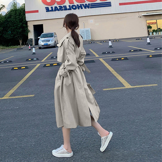 Women's trendy double-breasted oversize Korean trench coat in an elegant spring style