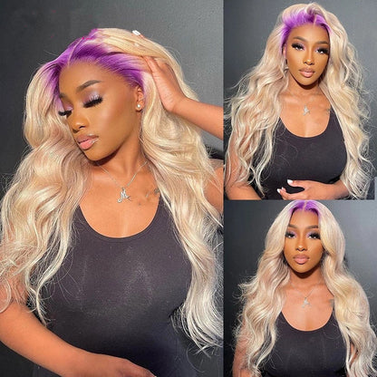 Simple Root Dyed Purple Human Wig with visible dark roots and vibrant purple hair strands