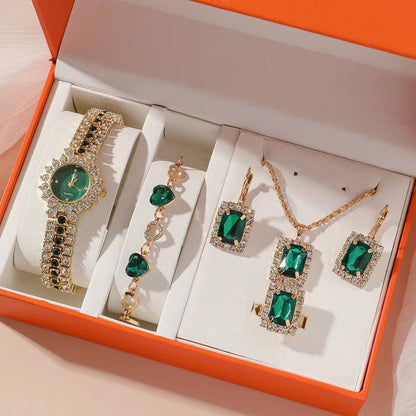 Small green women's quartz watch with steel belt, ring, and five-piece gift set box