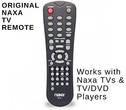 Naxa original replacement remote control for Naxa NT and NTD 12V TVs and TV/DVD combo players, showing buttons and design.