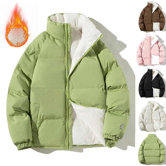 Couples stand-up collar winter coat with pockets, plush thickened jacket for women and men in a loose fit