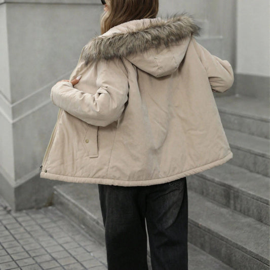Thickened hooded cotton-padded jacket with a fur collar and warm coat design