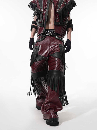 Men's red PU leather pants with deconstructed design and paneled details